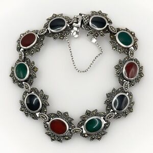 Vintage Marcasite Bracelet Sterling Silver Signed MC Marsala Art Deco Sz 6.5 26g